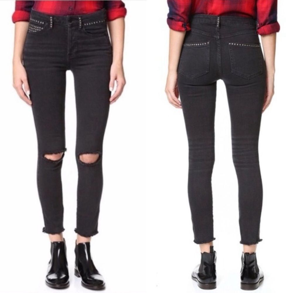 Free People Payton Black Ripped Skinny Jeans Thrashed Denim Studded Size 26